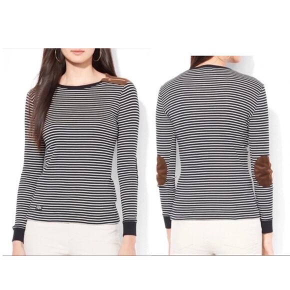 Ralph Lauren Women's Top Large Gray Striped Brown Patches Equestrian Preppy - Picture 1 of 13